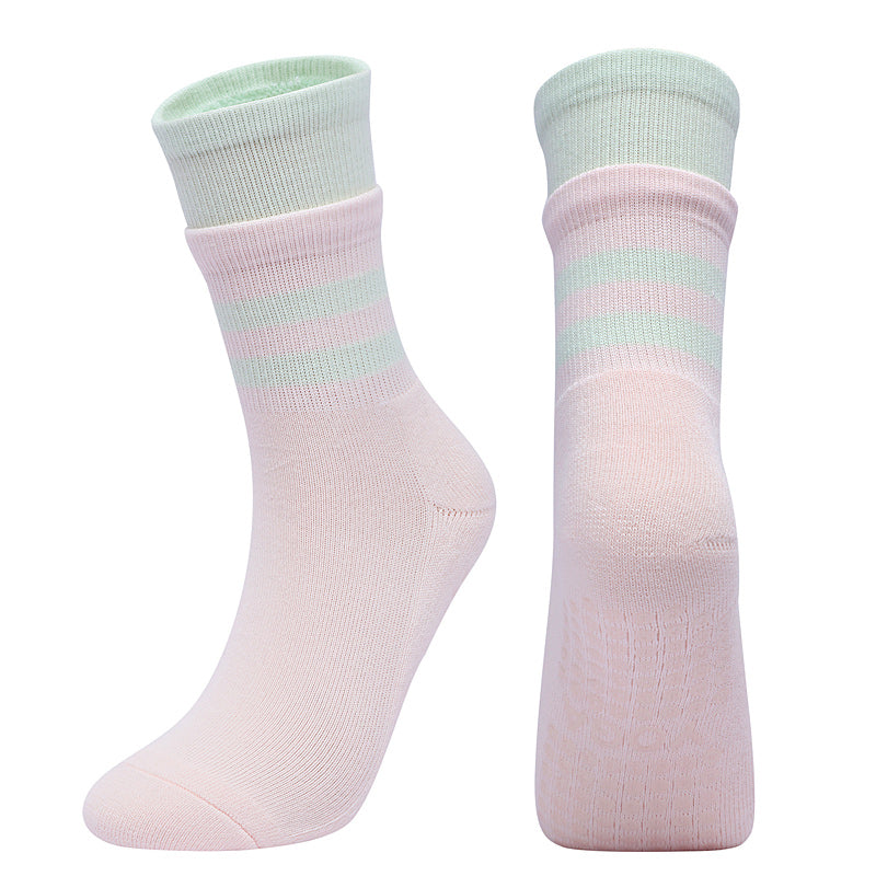 【Yoga Socks】D8粉绿-女士长筒毛圈圆头瑜伽普拉提运动袜