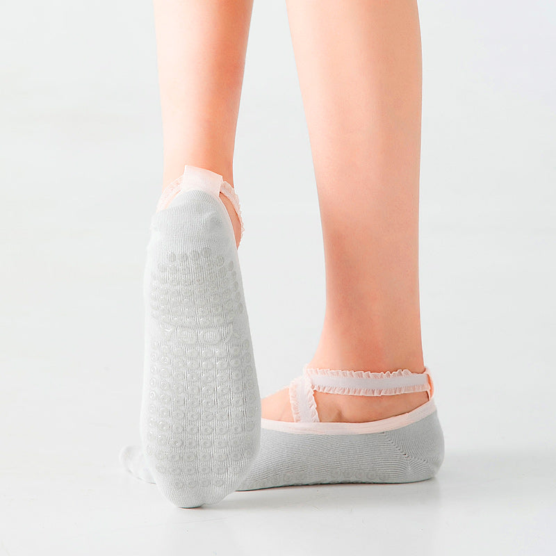 【Yoga Socks】R1浅灰-女士花边圆头瑜伽普拉提运动袜