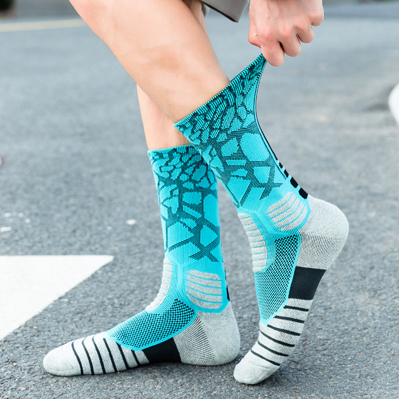 【Basketball Socks】D1浅蓝黑-男士毛圈长筒篮球运动袜