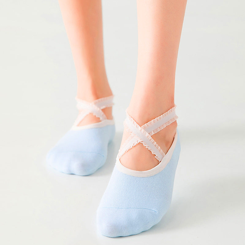 【Yoga Socks】R1浅蓝-女士花边圆头瑜伽普拉提运动袜
