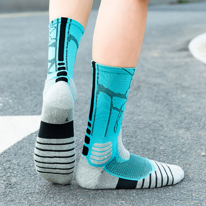 【Basketball Socks】D1浅蓝黑-男士毛圈长筒篮球运动袜