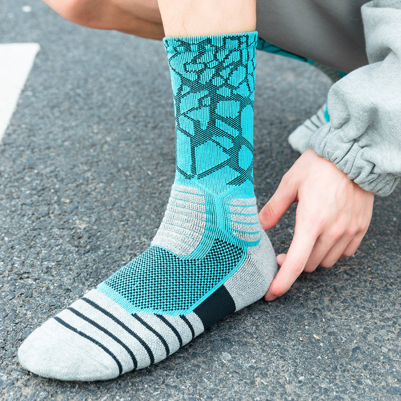 【Basketball Socks】D1浅蓝黑-男士毛圈长筒篮球运动袜