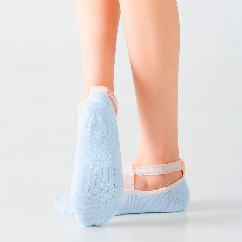 【Yoga Socks】R1浅蓝-女士花边圆头瑜伽普拉提运动袜