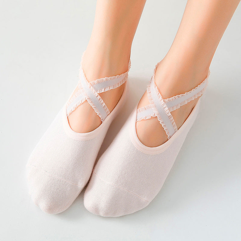 【Yoga Socks】R1浅米-女士花边圆头瑜伽普拉提运动袜