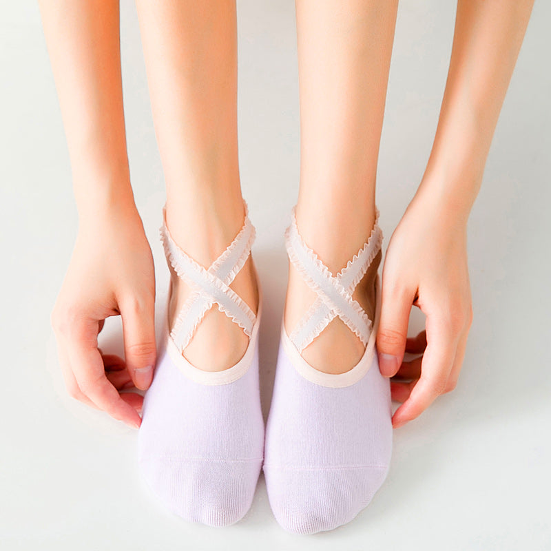 【Yoga Socks】R1浅粉-女士花边圆头瑜伽普拉提运动袜