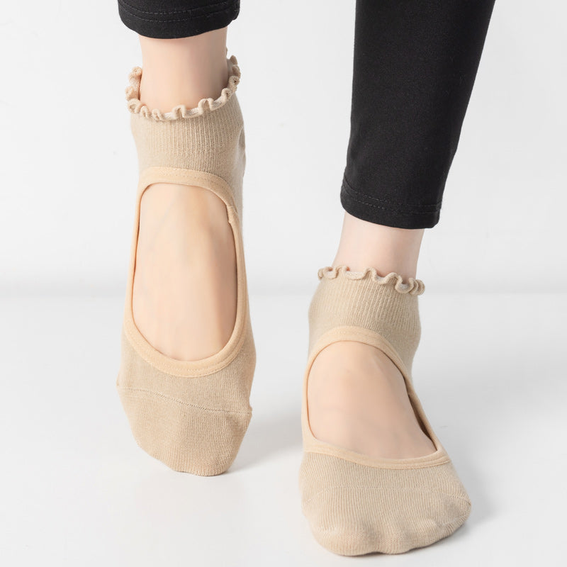 【Yoga Socks】O1米色-女士木耳边圆头瑜伽普拉提运动袜