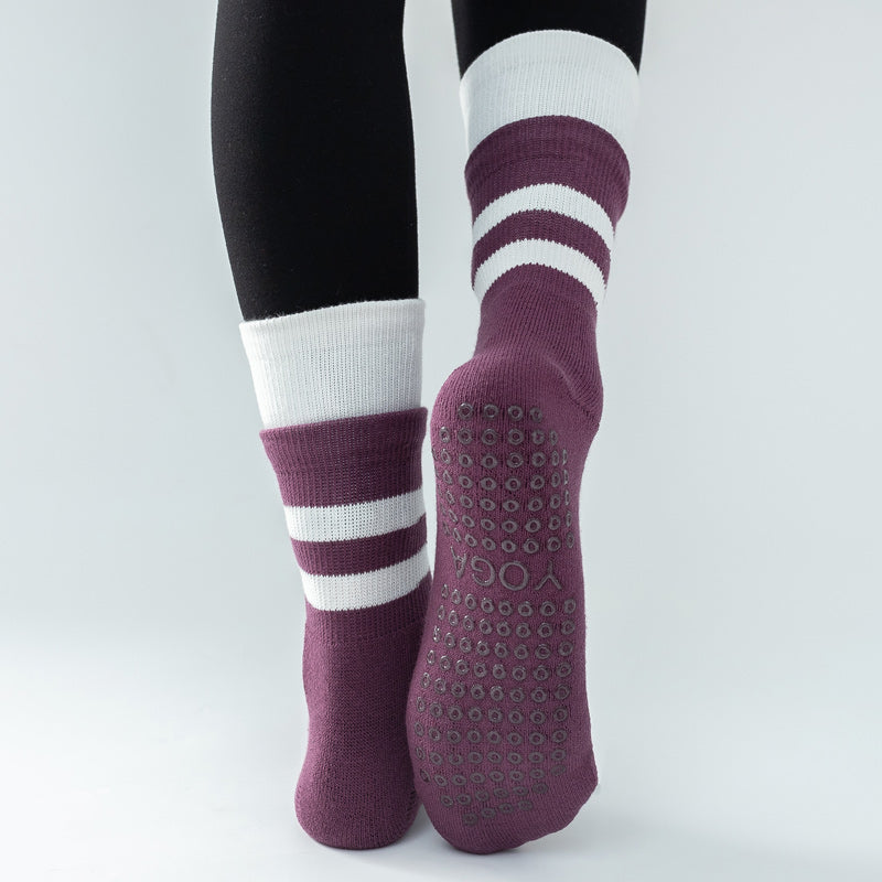 【Yoga Socks】D8紫白-女士长筒毛圈圆头瑜伽普拉提运动袜