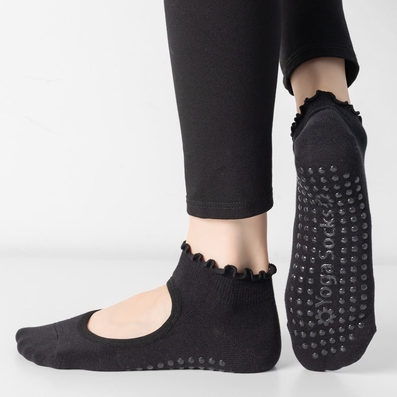 【Yoga Socks】O1黑色-女士木耳边圆头瑜伽普拉提运动袜