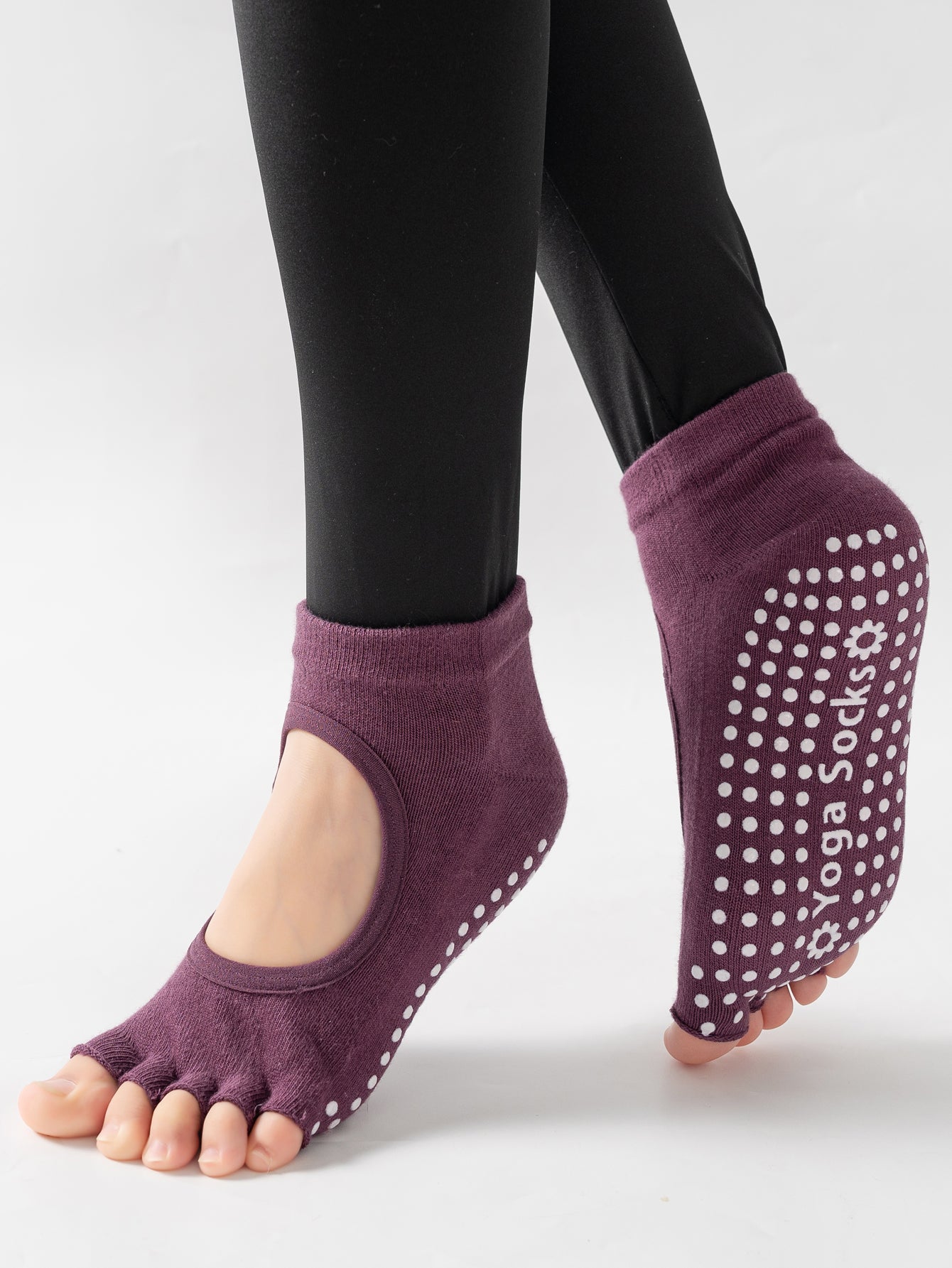 【Yoga Socks】F6紫红-女士半趾瑜伽普拉提运动袜
