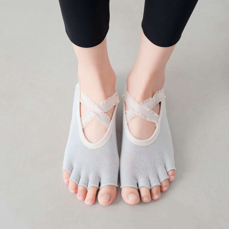 【Yoga Socks】T1浅灰-女士花边半趾瑜伽普拉提运动袜