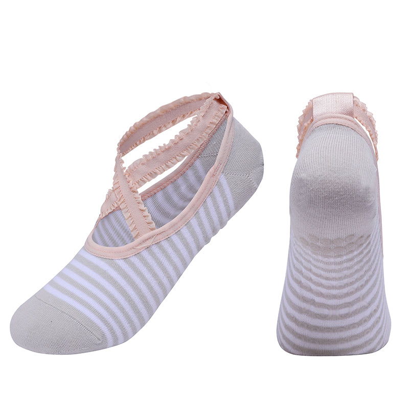 【Yoga Socks】R2浅灰-女士花边条纹圆头瑜伽普拉提运动袜