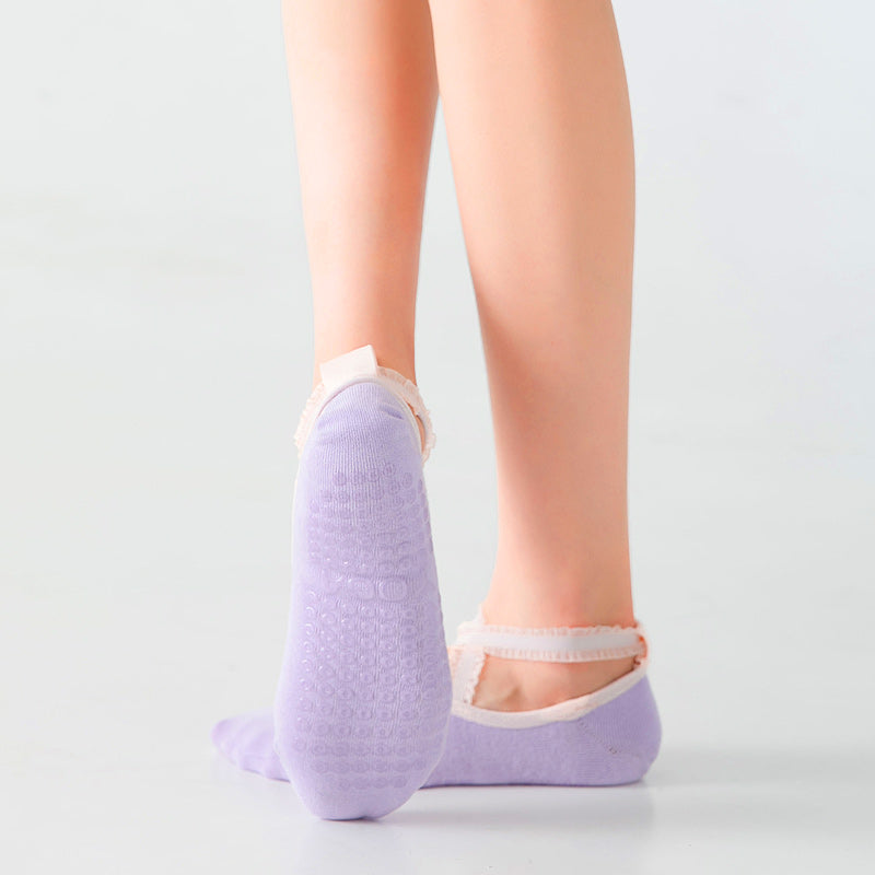 【Yoga Socks】R1浅紫-女士花边圆头瑜伽普拉提运动袜