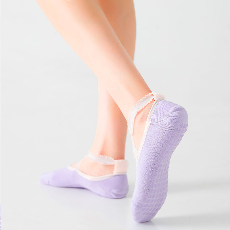 【Yoga Socks】R1浅紫-女士花边圆头瑜伽普拉提运动袜