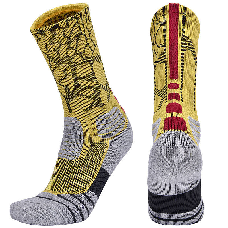 【Basketball Socks】D1黄红-男士毛圈长筒篮球运动袜