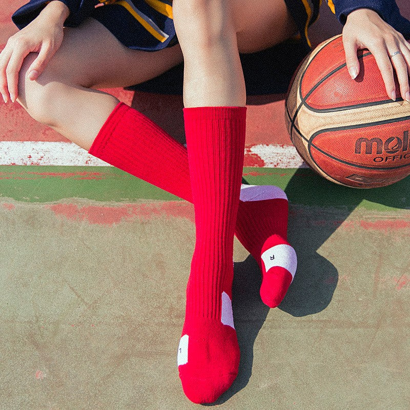 【Basketball Socks】A1红白-男女通用毛圈长筒篮球运动袜