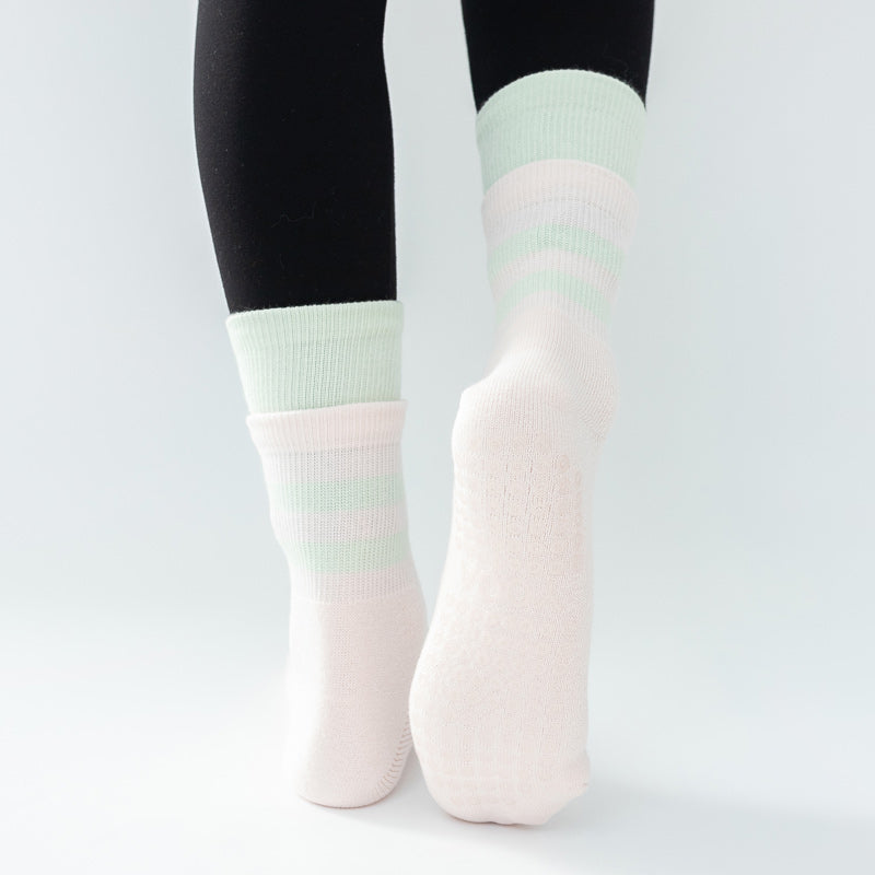 【Yoga Socks】D8粉绿-女士长筒毛圈圆头瑜伽普拉提运动袜