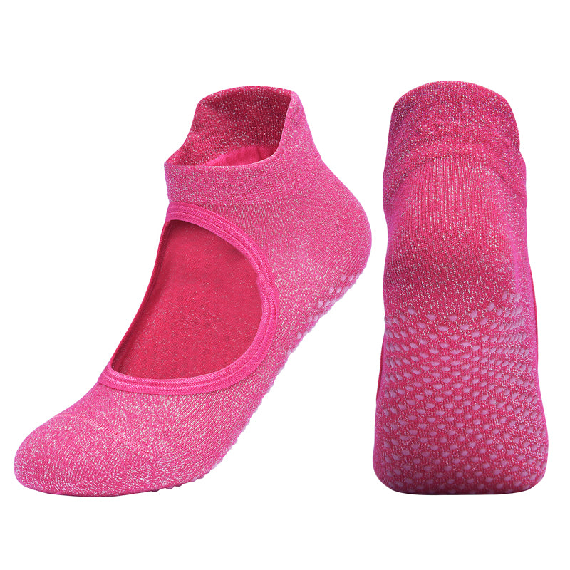 【Yoga Socks】B1玫红-女士银丝圆头瑜伽普拉提运动袜