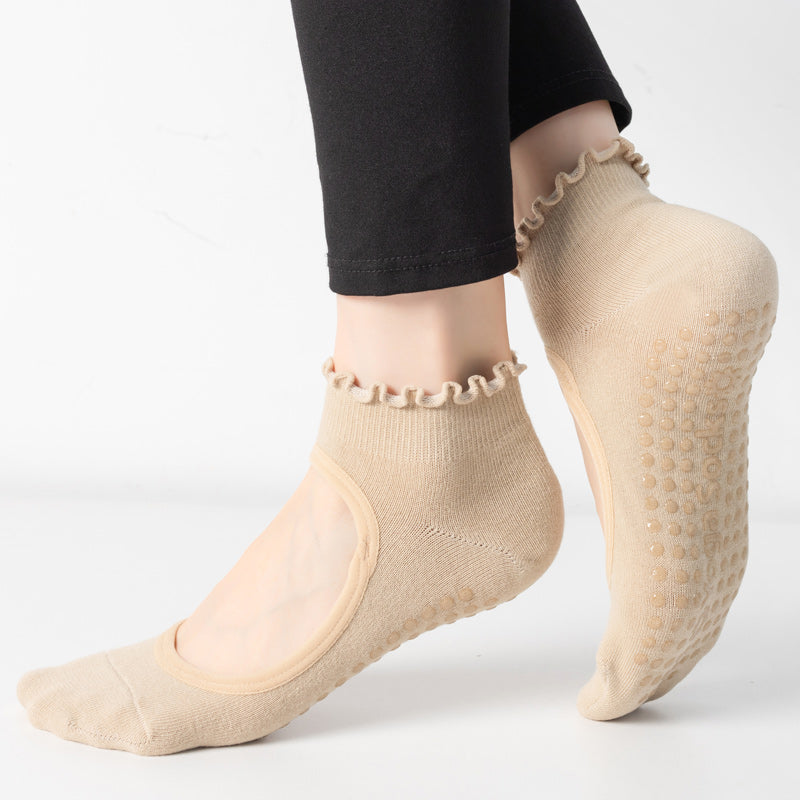 【Yoga Socks】O1米色-女士木耳边圆头瑜伽普拉提运动袜