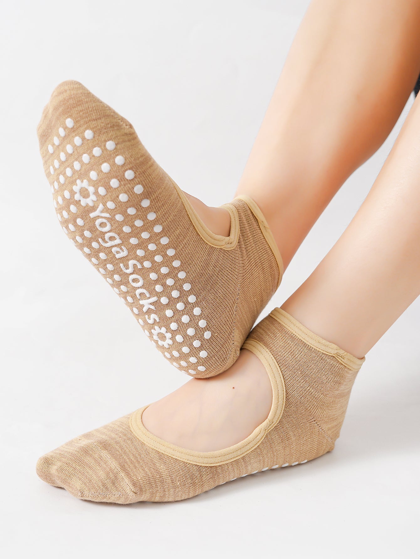 【Yoga Socks】E4米色-女士段色圆头瑜伽普拉提运动袜