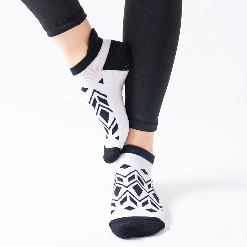 【Yoga Socks】D13黑白-女士提花毛圈圆头瑜伽普拉提运动袜