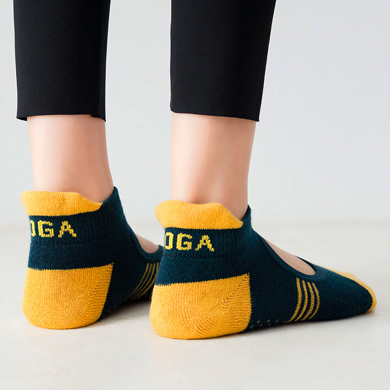 【Yoga Socks】A2绿黄-女士撞色毛圈圆头瑜伽普拉提运动袜