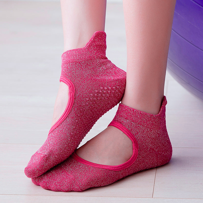 【Yoga Socks】B1玫红-女士银丝圆头瑜伽普拉提运动袜