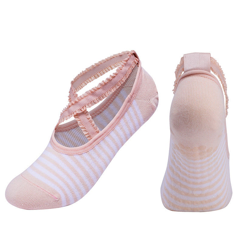 【Yoga Socks】R2浅米-女士花边条纹圆头瑜伽普拉提运动袜