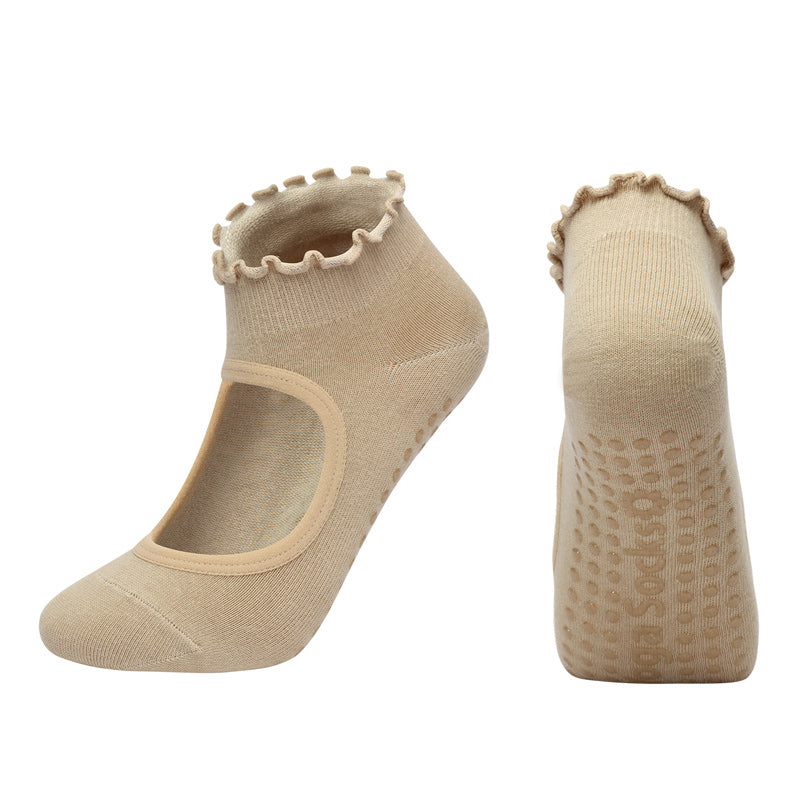 【Yoga Socks】O1米色-女士木耳边圆头瑜伽普拉提运动袜