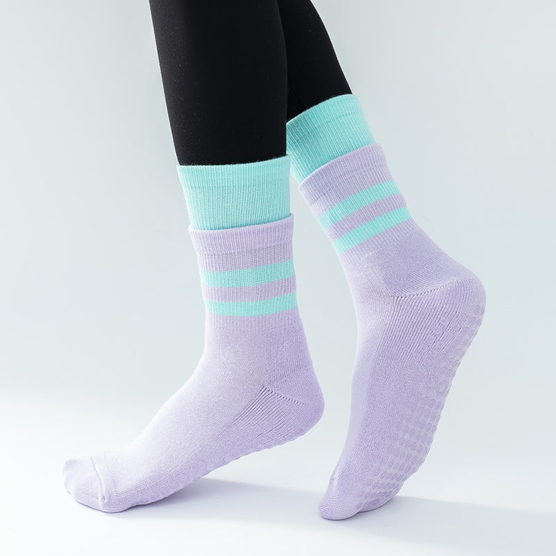 【Yoga Socks】D8紫绿-女士长筒毛圈圆头瑜伽普拉提运动袜