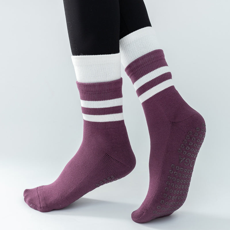 【Yoga Socks】D8紫白-女士长筒毛圈圆头瑜伽普拉提运动袜