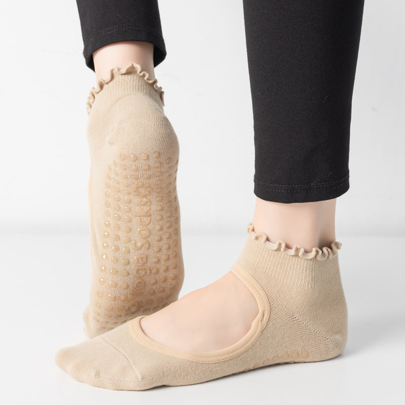 【Yoga Socks】O1米色-女士木耳边圆头瑜伽普拉提运动袜