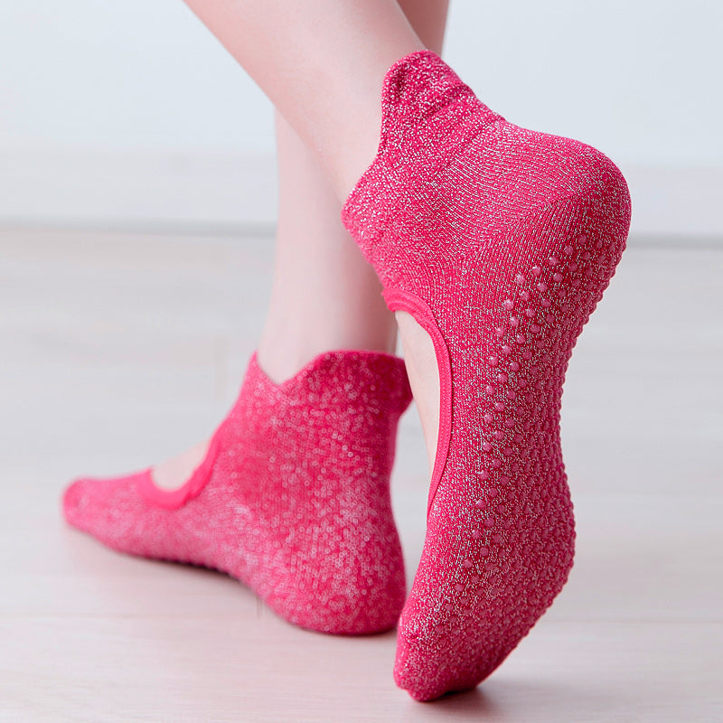 【Yoga Socks】B1玫红-女士银丝圆头瑜伽普拉提运动袜
