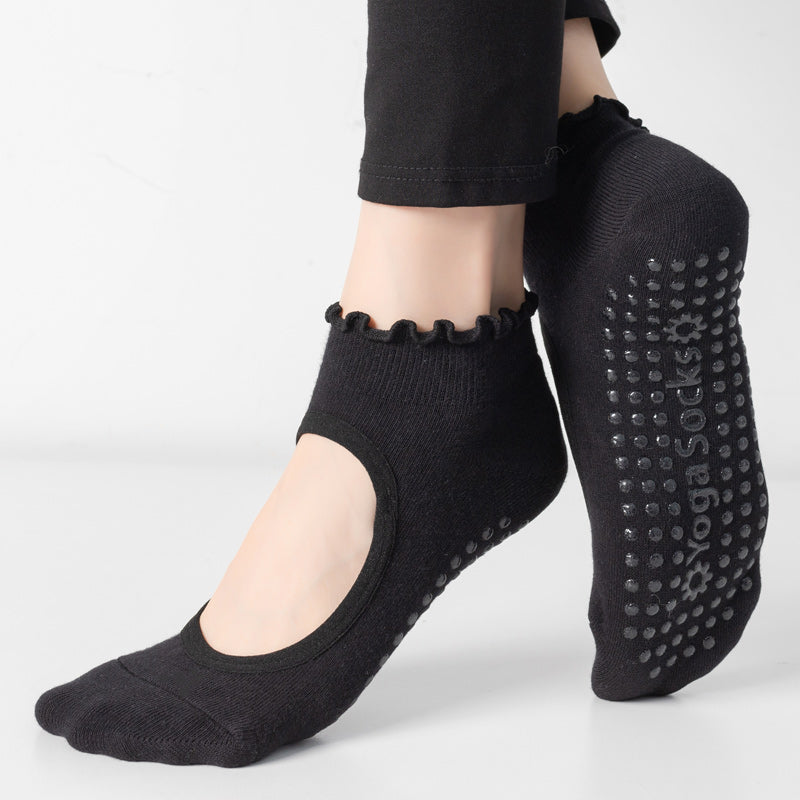 【Yoga Socks】O1黑色-女士木耳边圆头瑜伽普拉提运动袜