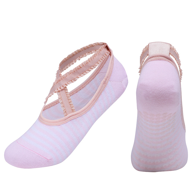 【Yoga Socks】R2浅粉-女士花边条纹圆头瑜伽普拉提运动袜