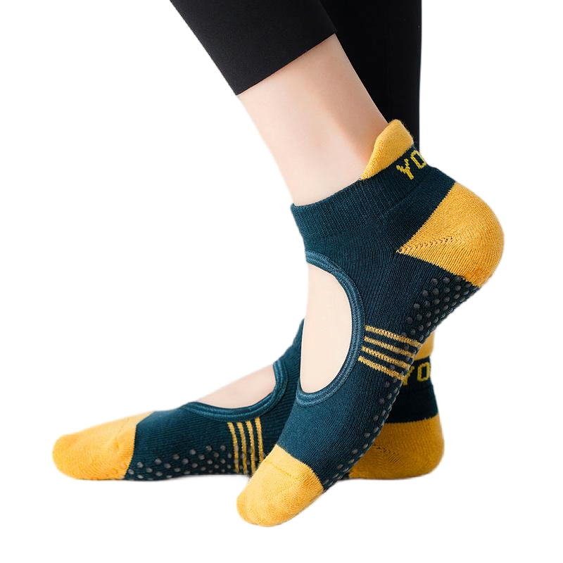 【Yoga Socks】A2绿黄-女士撞色毛圈圆头瑜伽普拉提运动袜