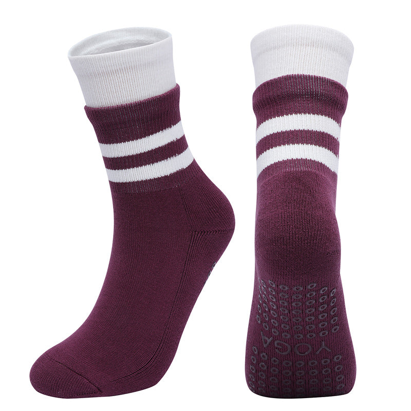 【Yoga Socks】D8紫白-女士长筒毛圈圆头瑜伽普拉提运动袜