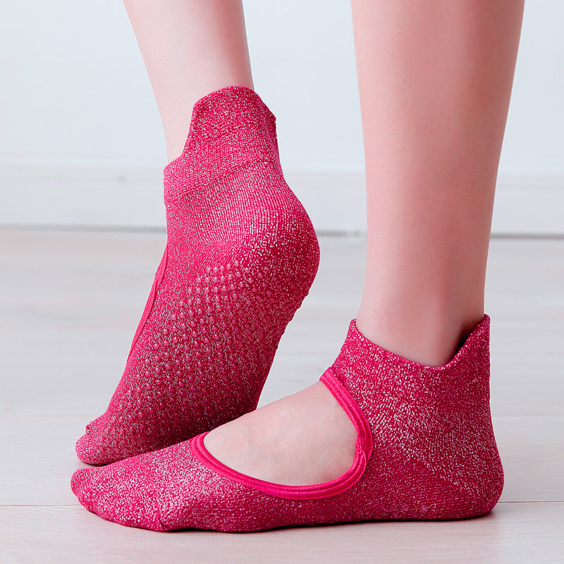 【Yoga Socks】B1玫红-女士银丝圆头瑜伽普拉提运动袜