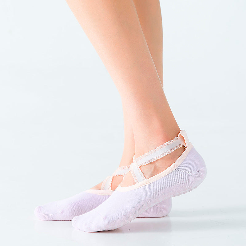 【Yoga Socks】R1浅粉-女士花边圆头瑜伽普拉提运动袜