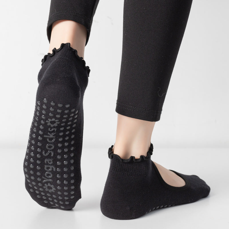 【Yoga Socks】O1黑色-女士木耳边圆头瑜伽普拉提运动袜