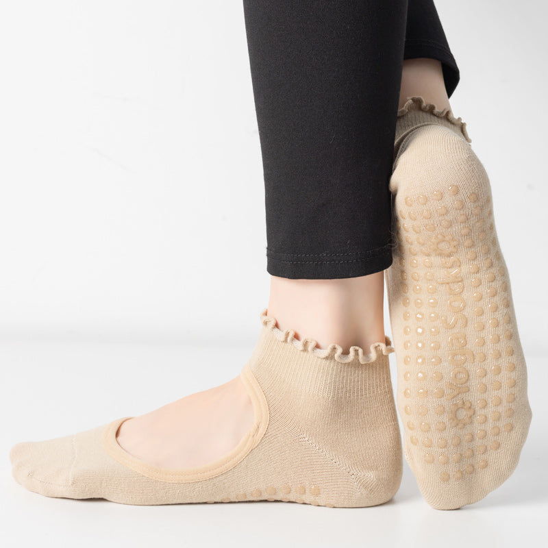 【Yoga Socks】O1米色-女士木耳边圆头瑜伽普拉提运动袜