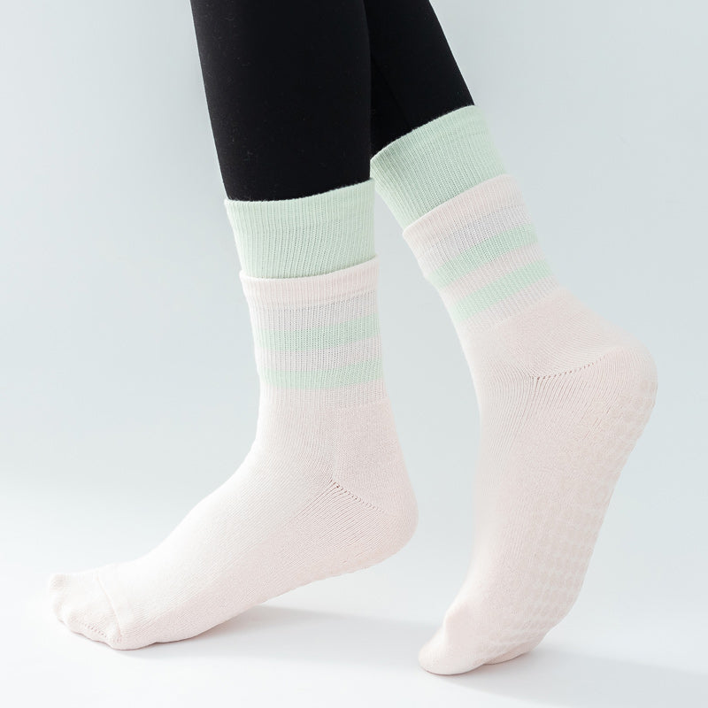 【Yoga Socks】D8粉绿-女士长筒毛圈圆头瑜伽普拉提运动袜