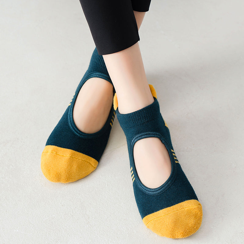 【Yoga Socks】A2绿黄-女士撞色毛圈圆头瑜伽普拉提运动袜