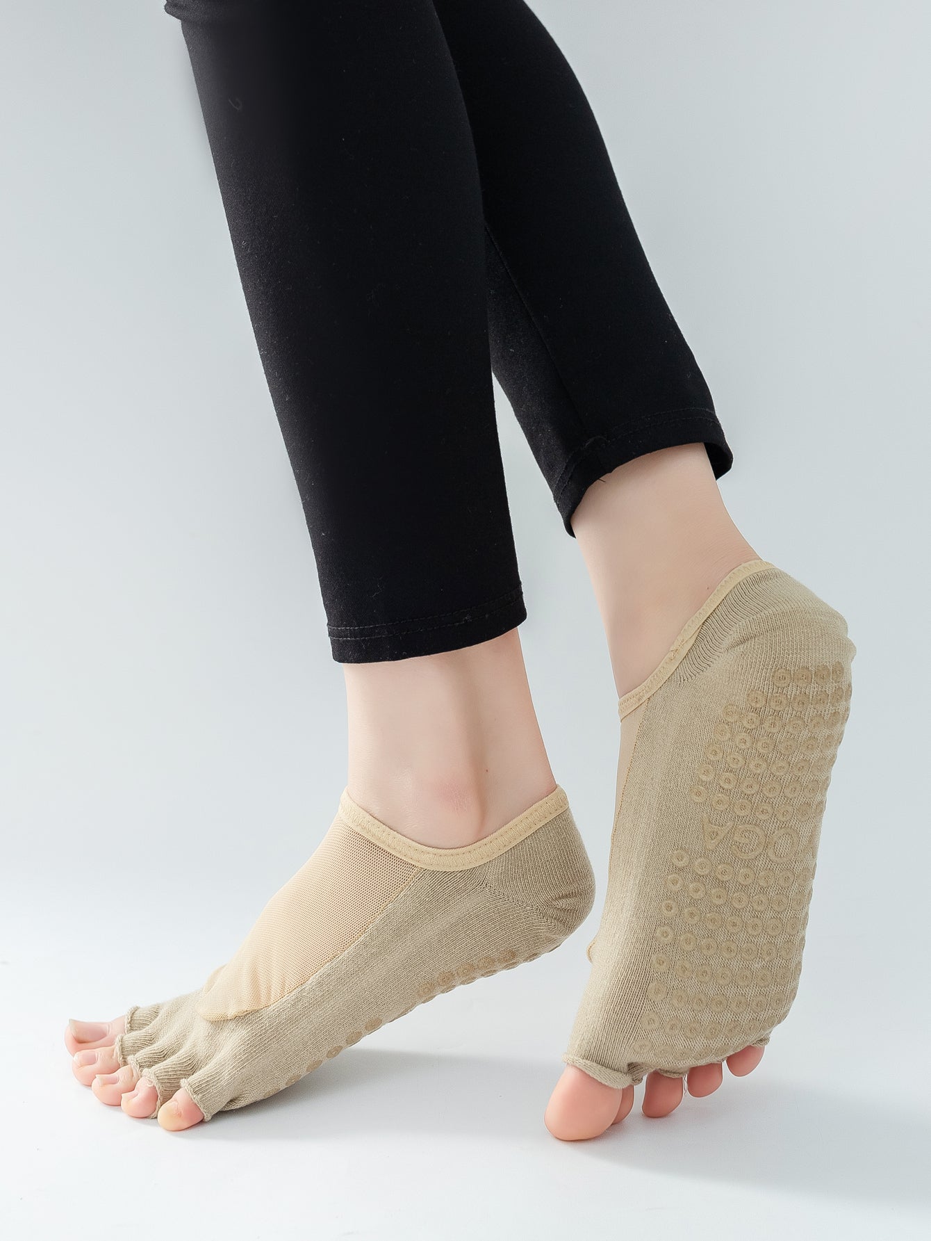 【Yoga Socks】T5米色-女士网纱半趾瑜伽普拉提运动袜