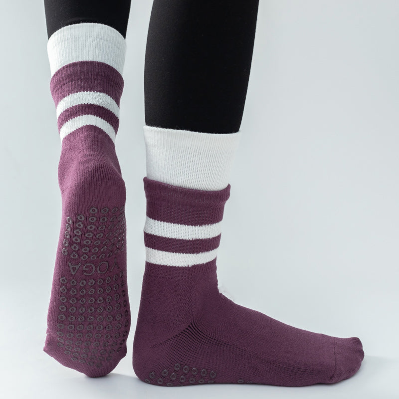 【Yoga Socks】D8紫白-女士长筒毛圈圆头瑜伽普拉提运动袜