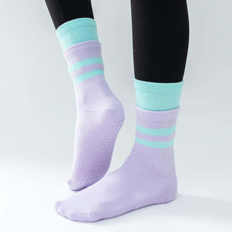 【Yoga Socks】D8紫绿-女士长筒毛圈圆头瑜伽普拉提运动袜