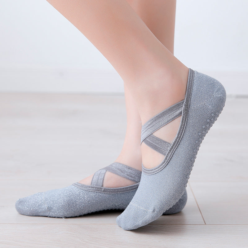 【Yoga Socks】H1灰色-女士银丝圆头瑜伽普拉提运动袜