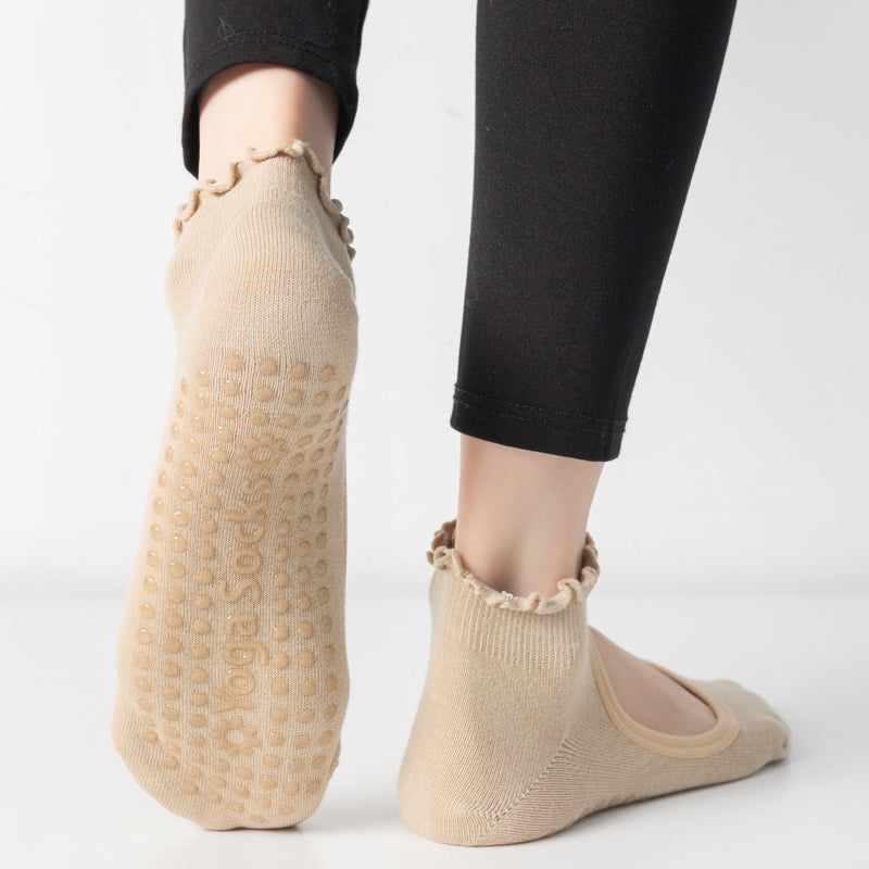 【Yoga Socks】O1米色-女士木耳边圆头瑜伽普拉提运动袜