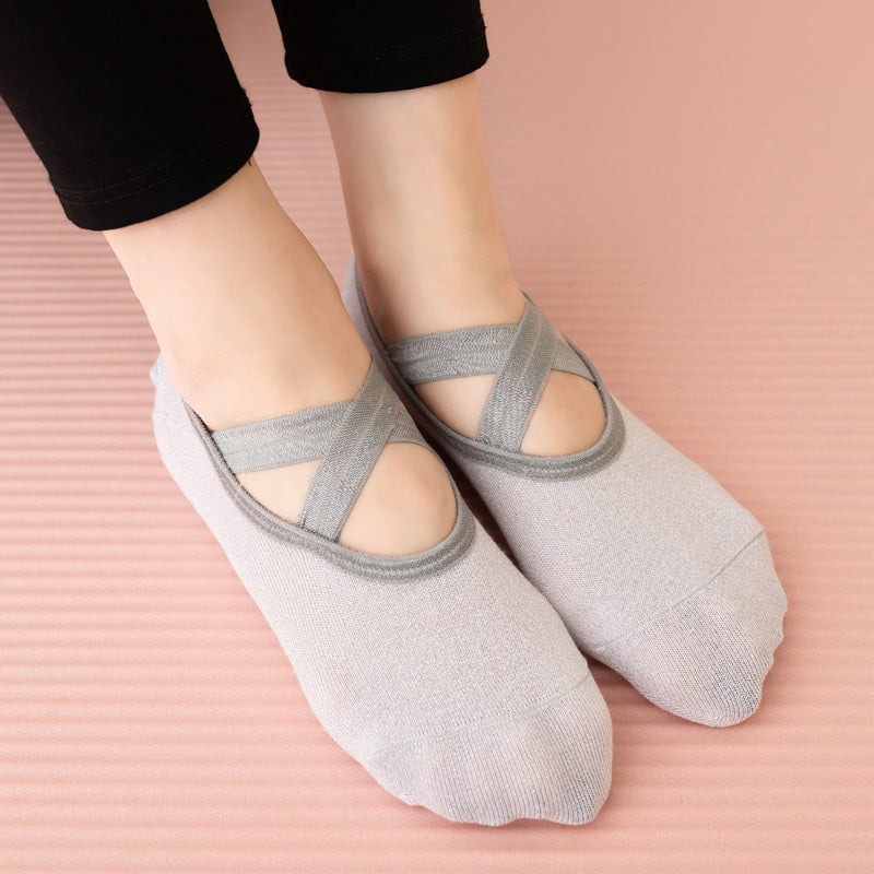 【Yoga Socks】H3浅粉-女士银丝圆头瑜伽普拉提运动袜