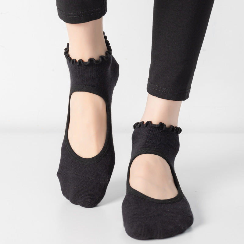 【Yoga Socks】O1黑色-女士木耳边圆头瑜伽普拉提运动袜