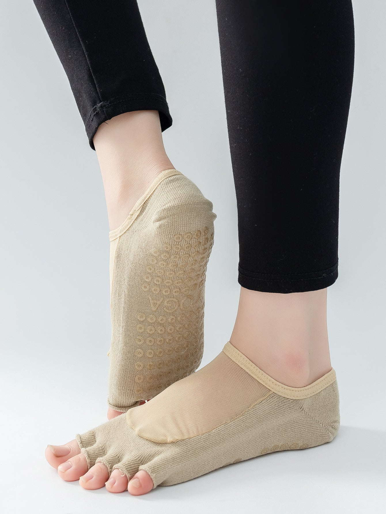 【Yoga Socks】T5米色-女士网纱半趾瑜伽普拉提运动袜